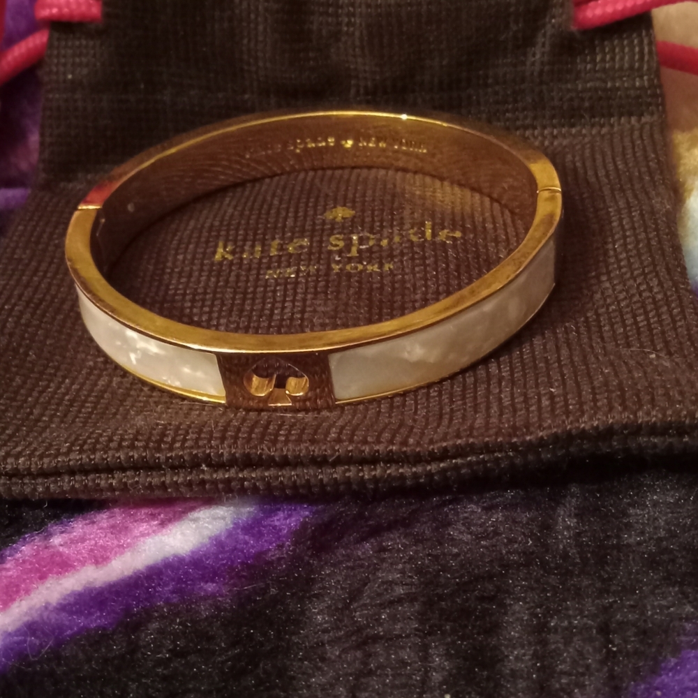 Kate Spade Hole Punch Spade Gold Mother Of Pearl Hinge Bangle Bracelet/Dust Bag
